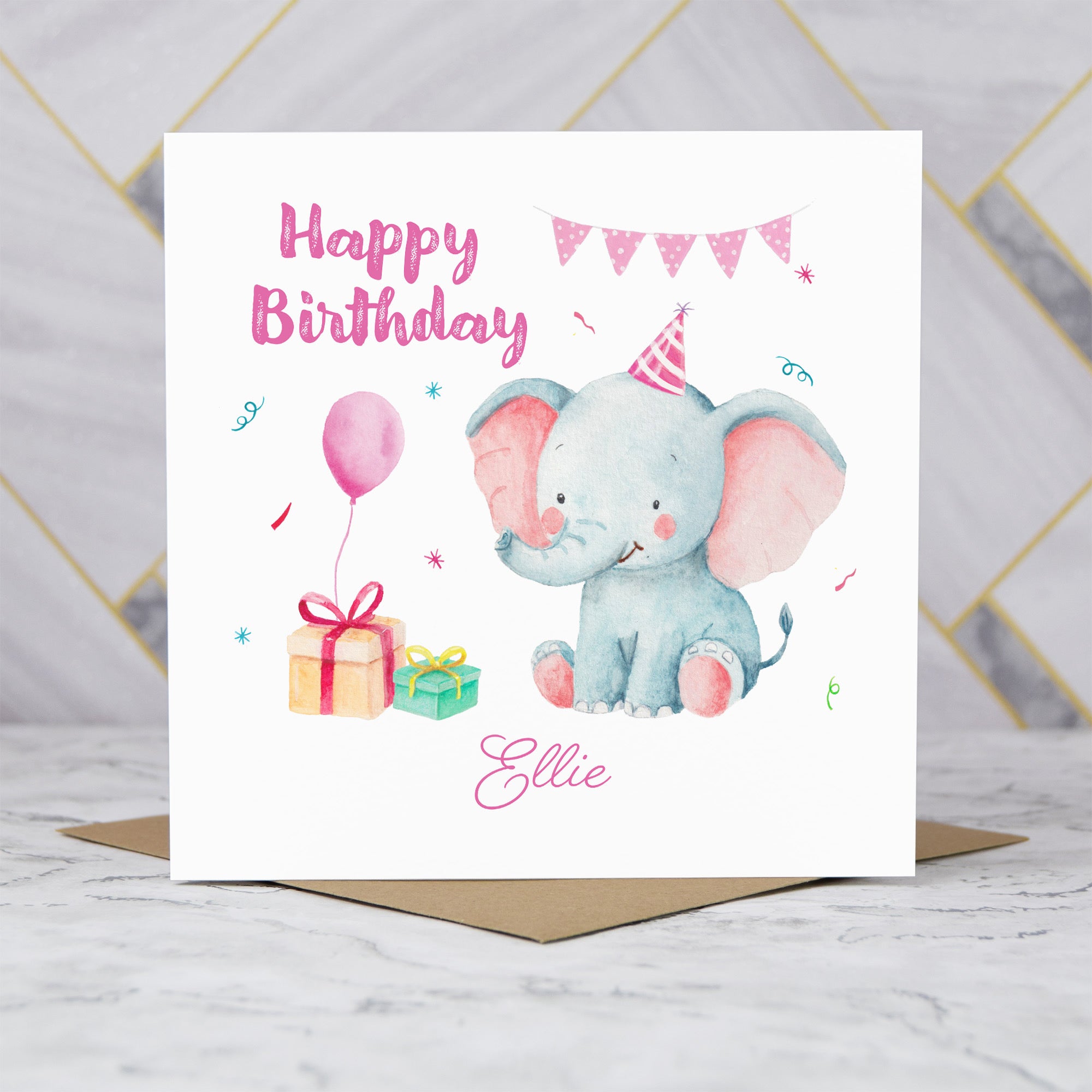 Personalised Elephant Birthday Card, Custom Name Birthday Card, Cute Animal Card, Kids Birthday Card, Girl Birthday Card (P00001) - Default Title (P00001)