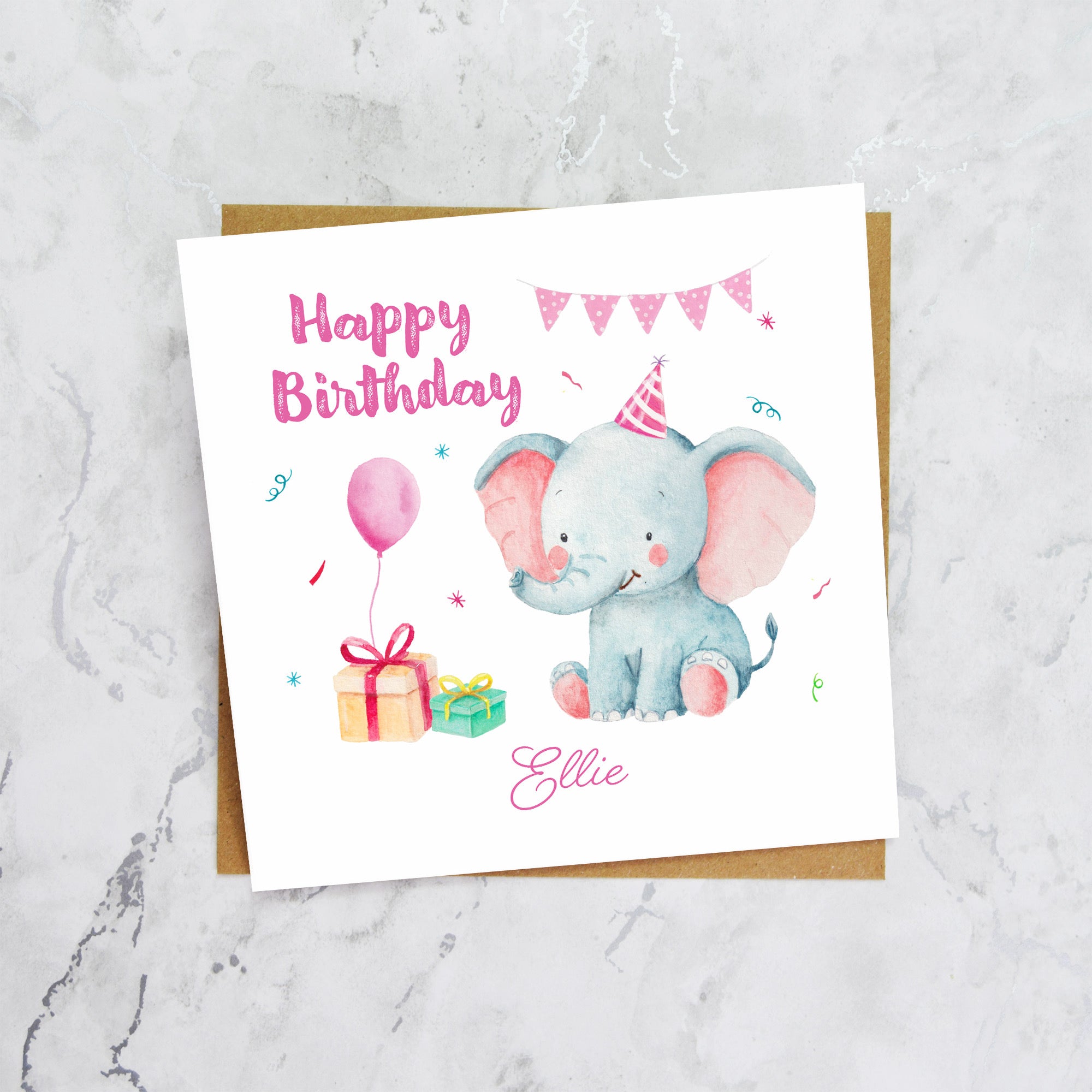 Personalised Elephant Birthday Card, Custom Name Birthday Card, Cute Animal Card, Kids Birthday Card, Girl Birthday Card (P00001) - Default Title (P00001)