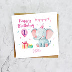 Personalised 1st Birthday Card, Custom Name First Birthday Card, Cute Elephant Card, Baby Girl 1st Birthday Card (P00002) - Default Title (P00002)