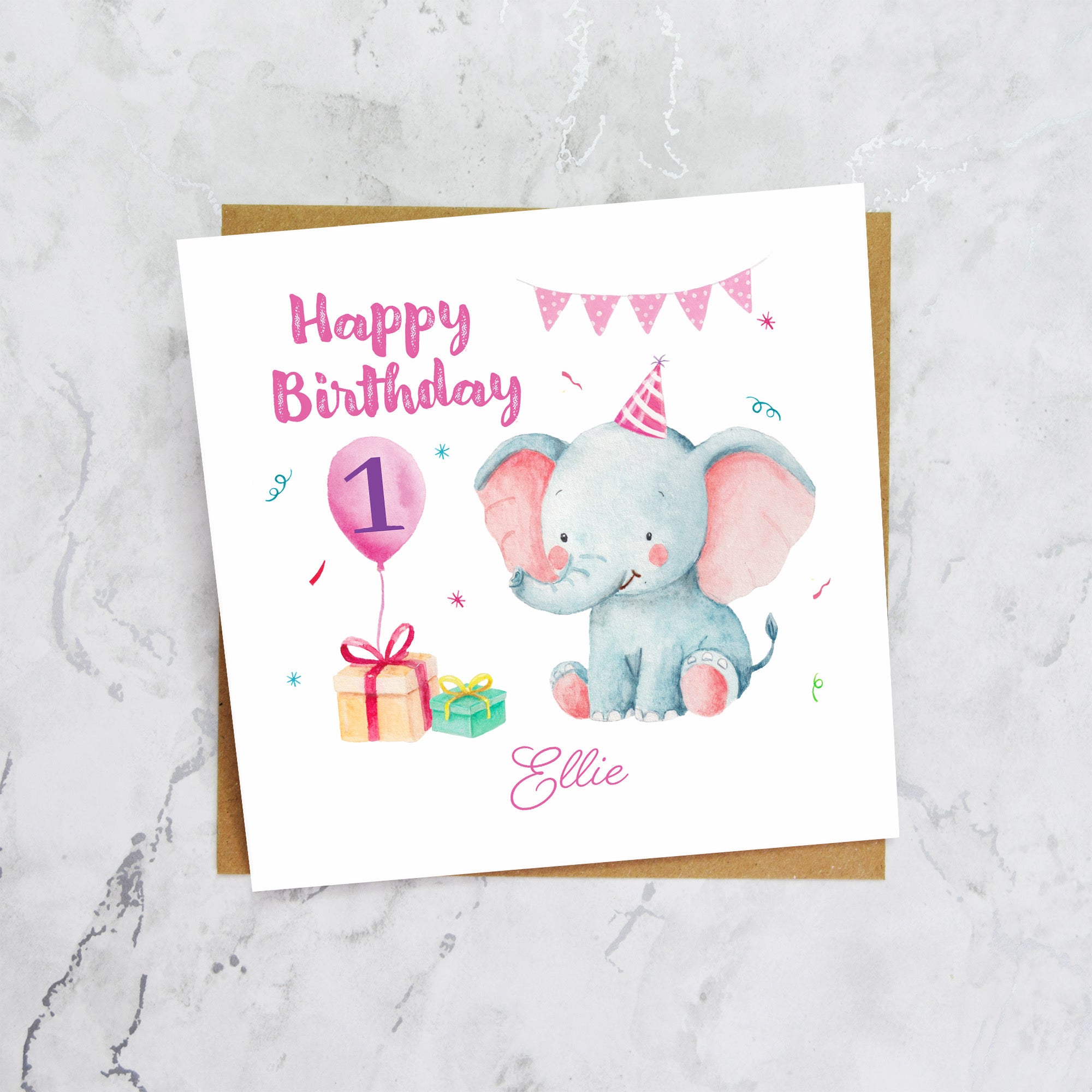 Personalised 1st Birthday Card, Custom Name First Birthday Card, Cute Elephant Card, Baby Girl 1st Birthday Card (P00002) - Default Title (P00002)