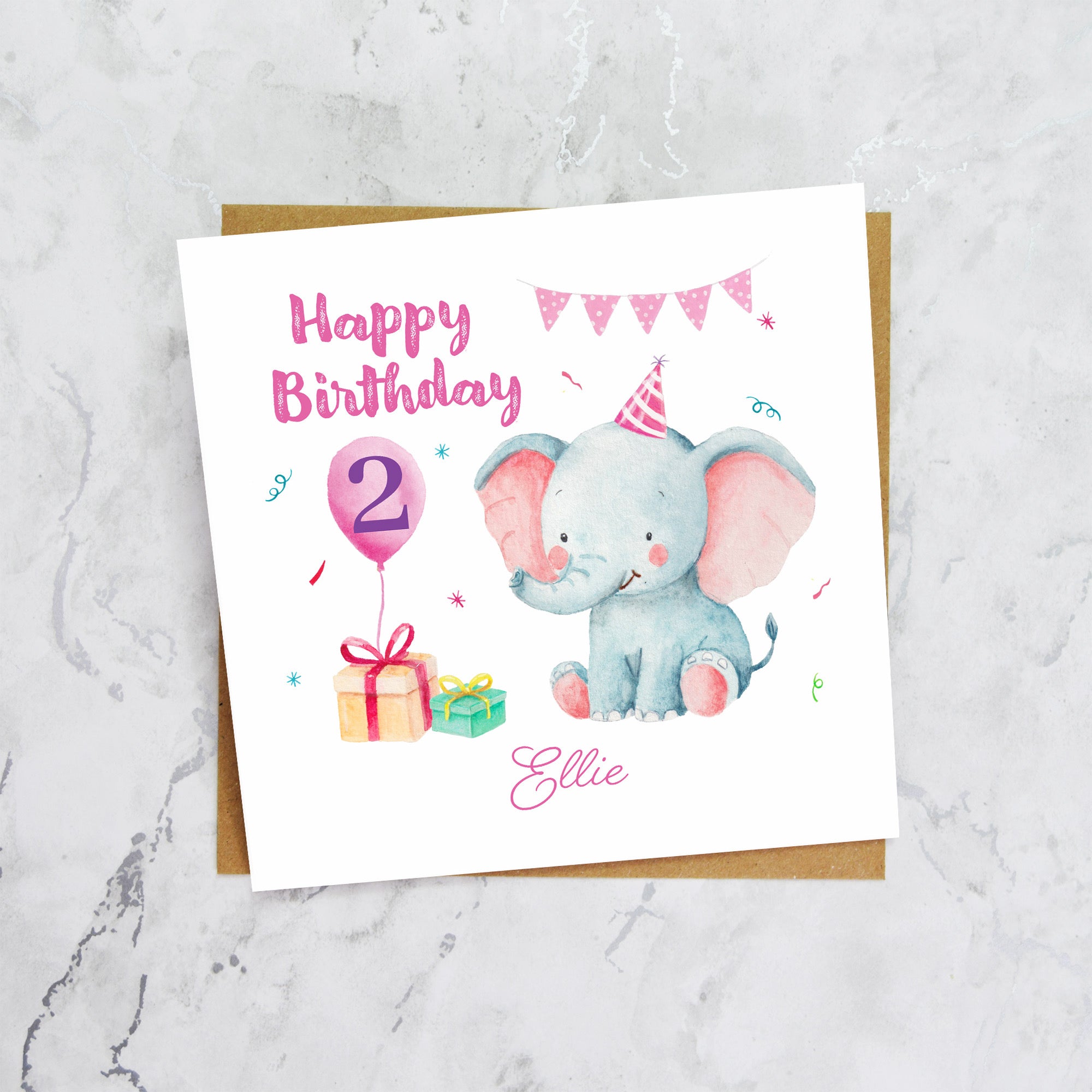 Personalised 2nd Birthday Card, Custom Name Second Birthday Card, Cute Elephant Card, Baby Girl 2nd Birthday Card (P00003) - Default Title (P00003)