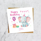 Personalised 3rd Birthday Card, Custom Name Third Birthday Card, Cute Elephant Card, Baby Girl 3rd Birthday Card (P00004) - Default Title (P00004)