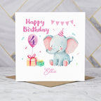 Personalised 4th Birthday Card, Custom Name Fourth Birthday Card, Cute Elephant Card, Baby Girl 4th Birthday Card (P00005) - Default Title (P00005)