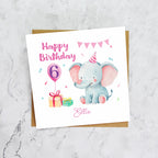 Personalised 6th Birthday Card, Custom Name Sixth Birthday Card, Cute Elephant Card, Baby Girl 6th Birthday Card (P00007) - Default Title (P00007)