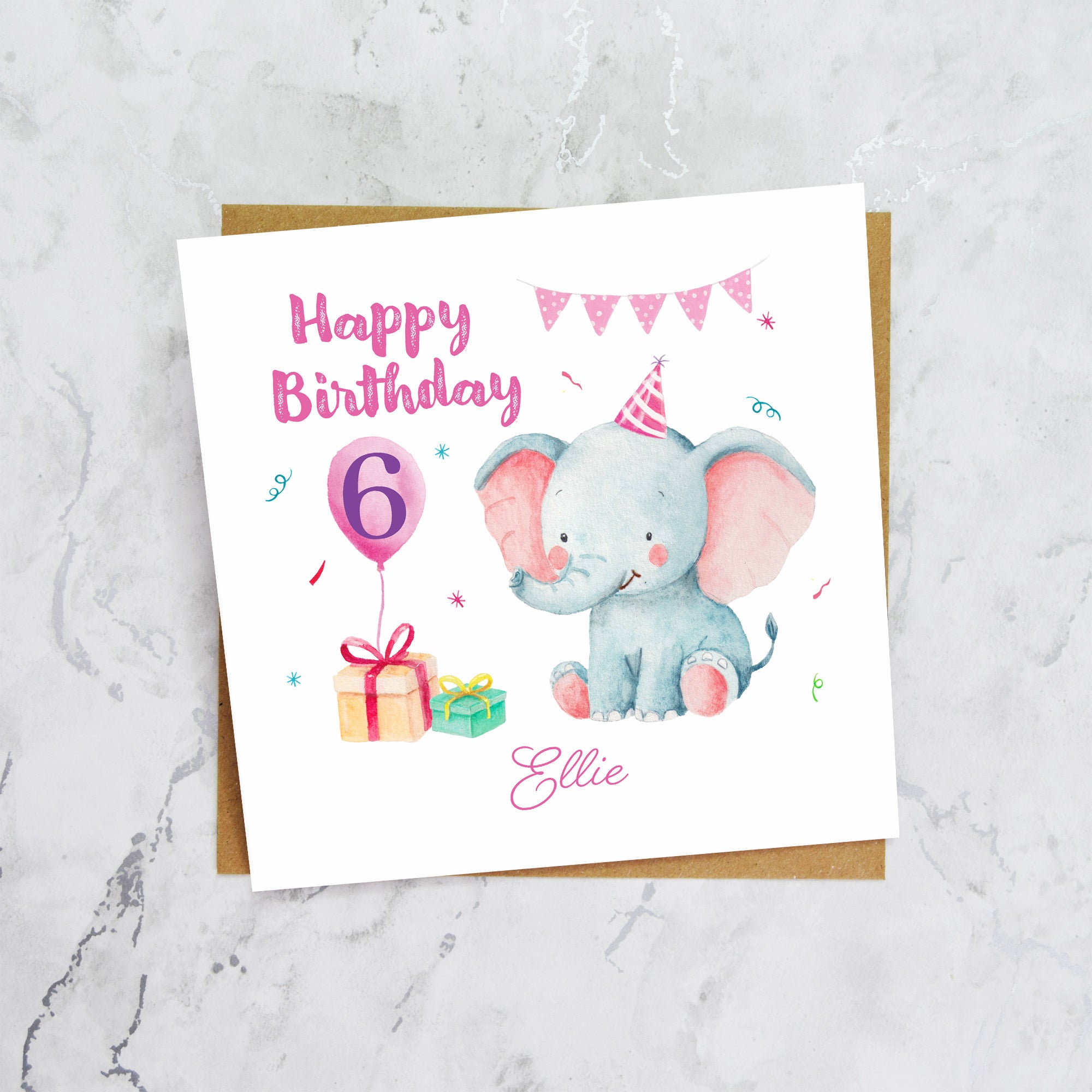 Personalised 6th Birthday Card, Custom Name Sixth Birthday Card, Cute Elephant Card, Baby Girl 6th Birthday Card (P00007) - Default Title (P00007)