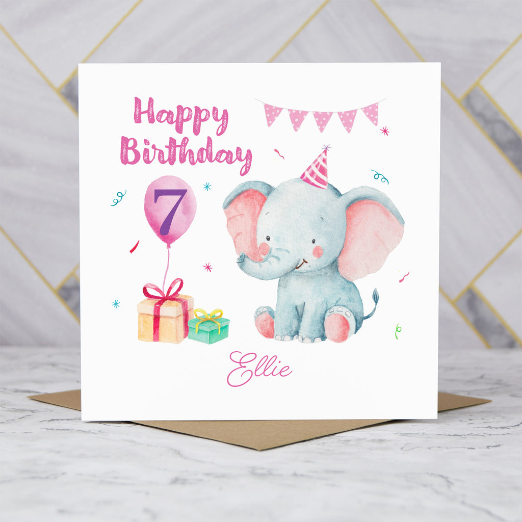 Personalised 7th Birthday Card, Custom Name Seventh Birthday Card, Cute Elephant Card, Baby Girl 7th Birthday Card (P00008) - Default Title (P00008)