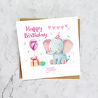 Personalised 7th Birthday Card, Custom Name Seventh Birthday Card, Cute Elephant Card, Baby Girl 7th Birthday Card (P00008) - Default Title (P00008)