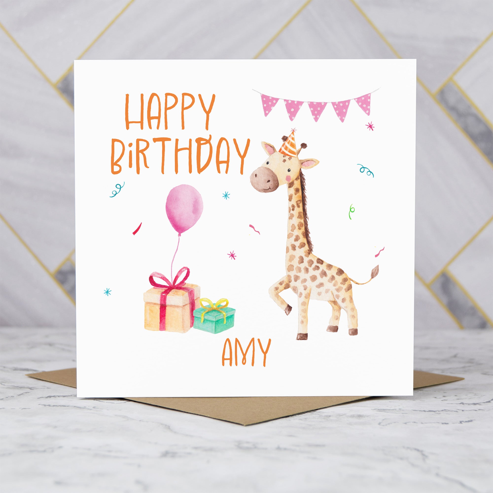 Personalised Giraffe Birthday Card For Girls, Custom Name Animal Birthday Card, Cute Kids Birthday Card (P00009) - Default Title (P00009)