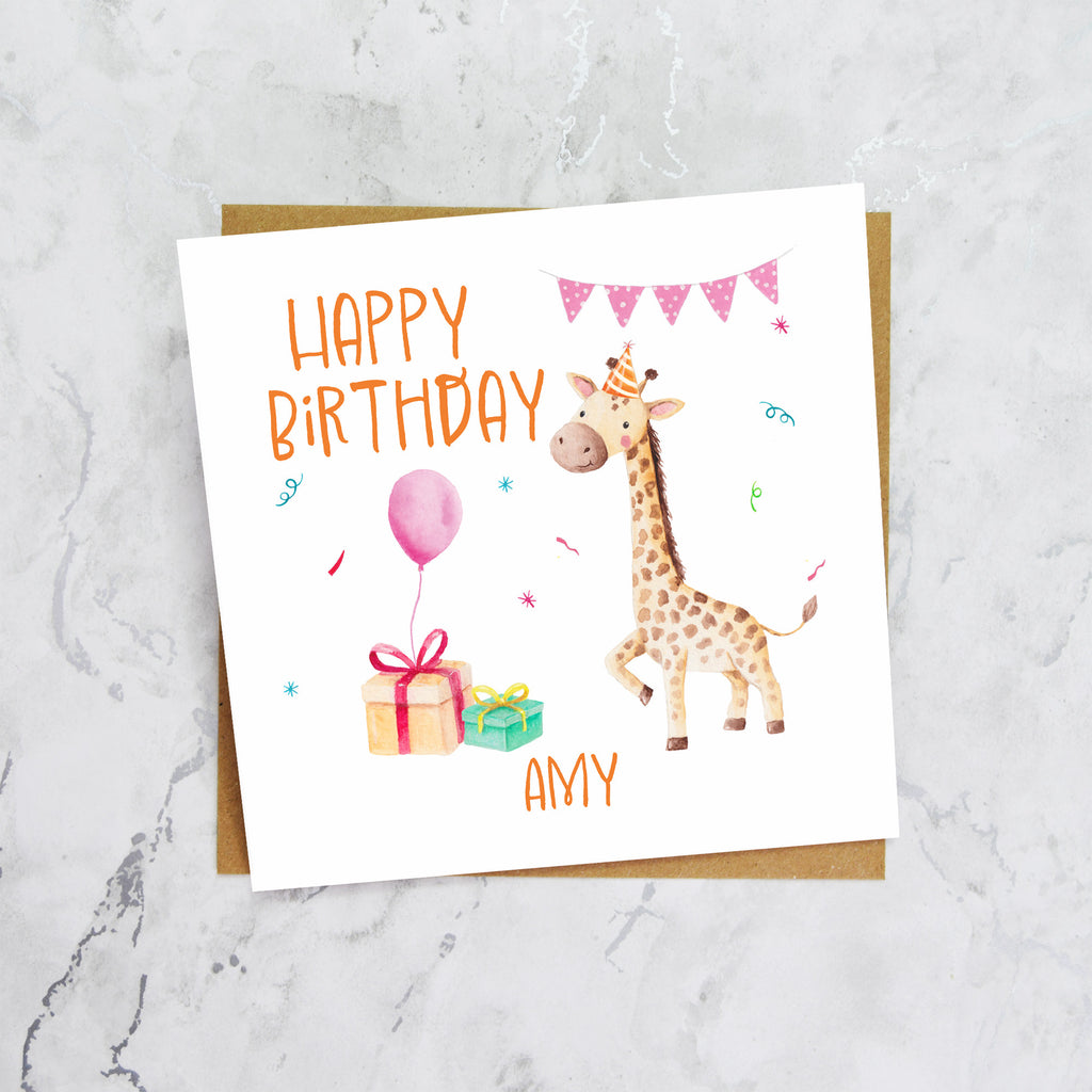 Personalised Giraffe Birthday Card For Girls, Custom Name Animal Birthday Card, Cute Kids Birthday Card (P00009) - Default Title (P00009)