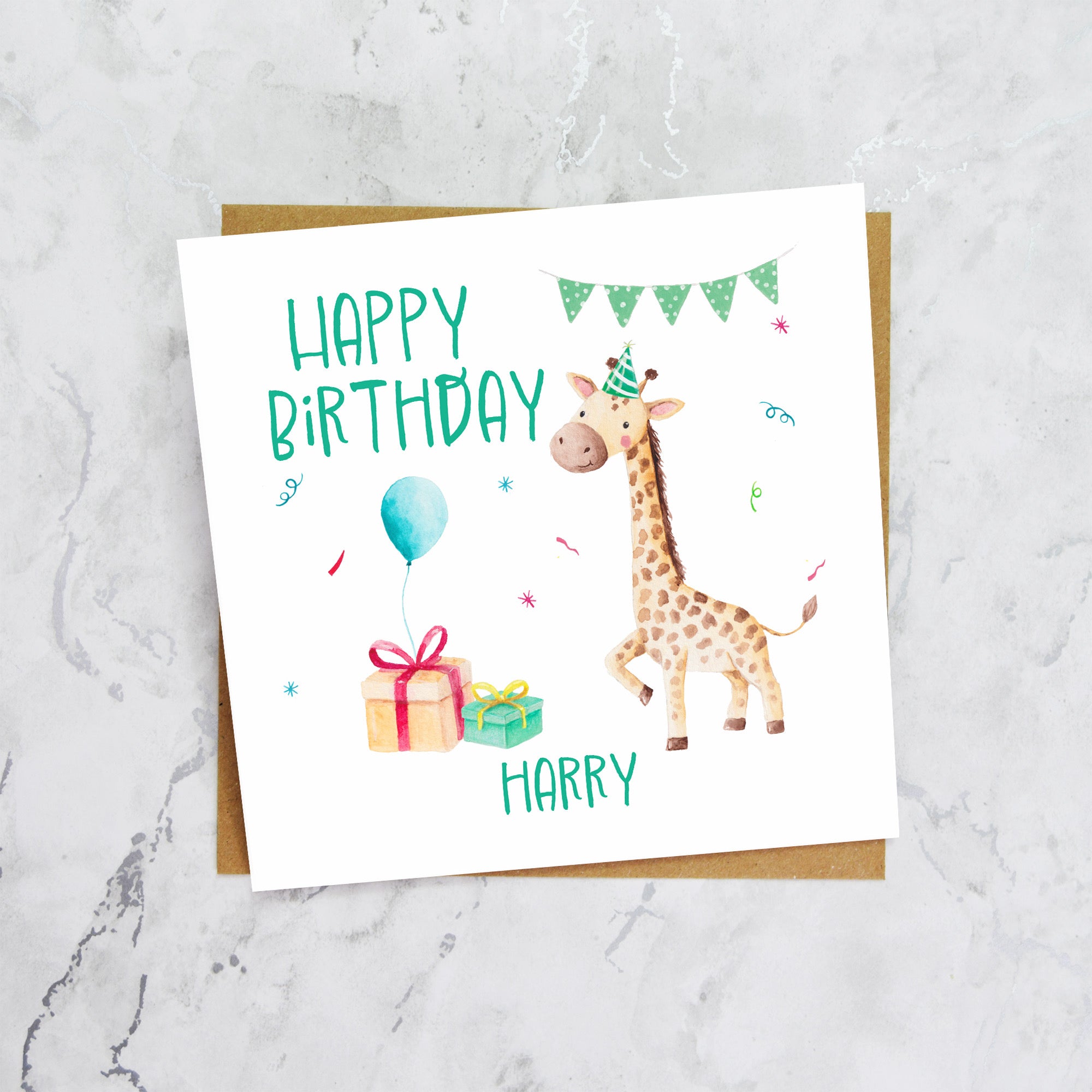 Personalised Giraffe Birthday Card For Boys, Custom Name Animal Birthday Card, Cute Kids Birthday Card (P00010) - Default Title (P00010)
