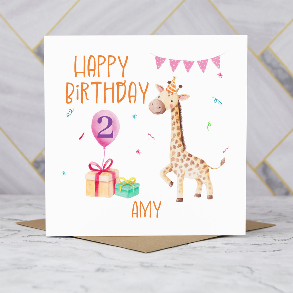 Personalised 2nd Birthday Giraffe Card For Girls, Custom Name Second Birthday Card, Cute Toddler Animal Card (P00012) - Default Title (P00012)