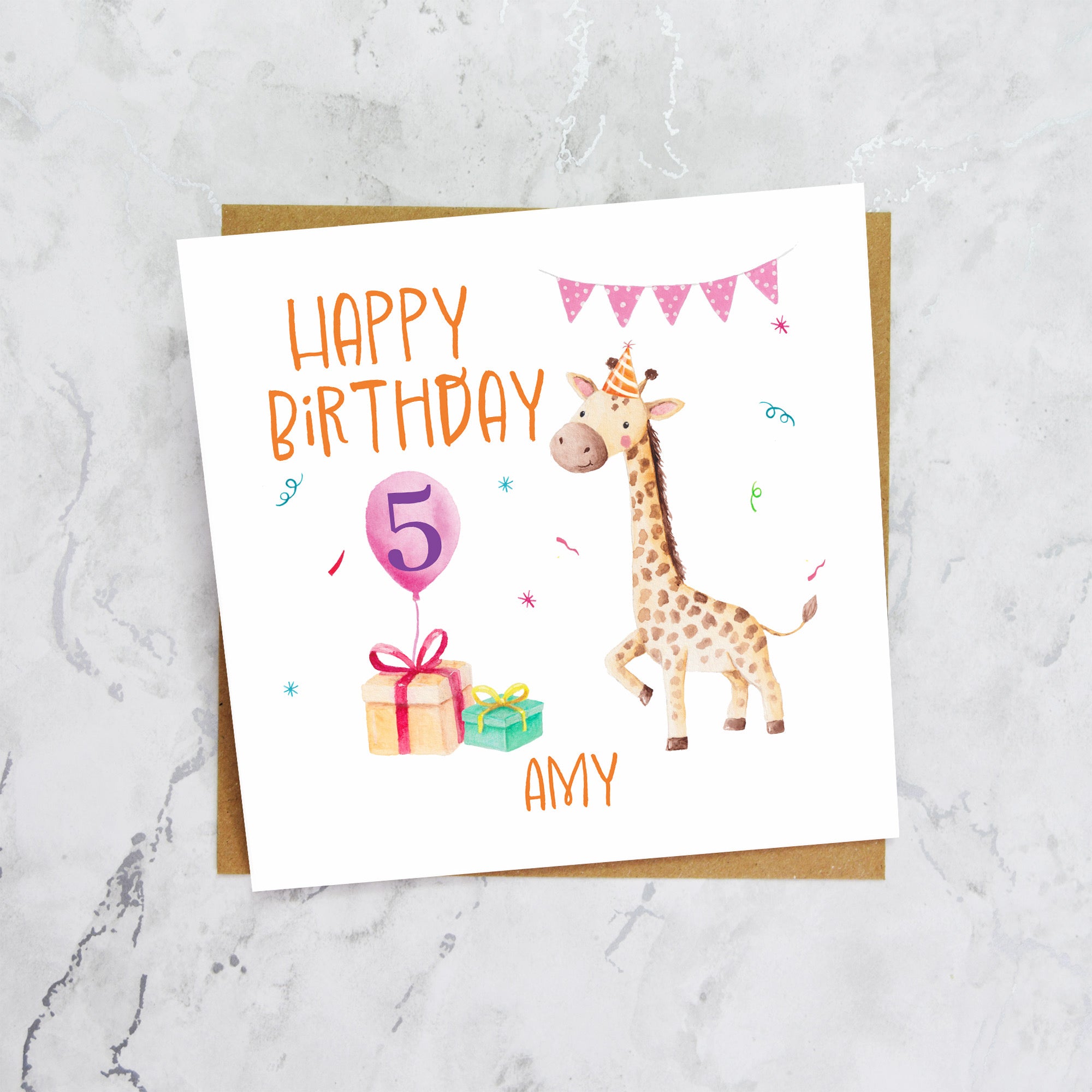 Personalised 5th Birthday Giraffe Card For Girls, Custom Name Fifth Birthday Card, Cute Kids Animal Card (P00015) - Default Title (P00015)