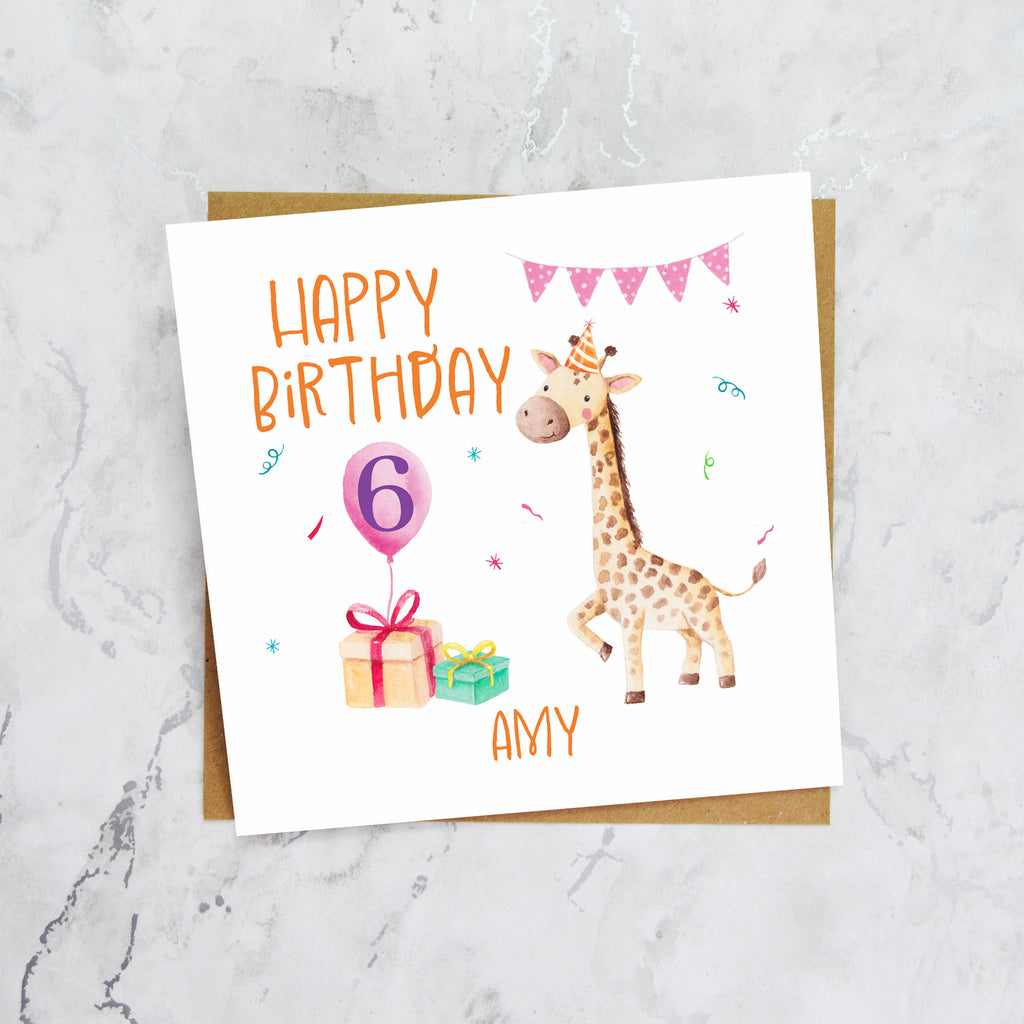 Personalised 6th Birthday Giraffe Card For Girls, Custom Name Sixth Birthday Card, Cute Kids Animal Card (P00016) - Default Title (P00016)