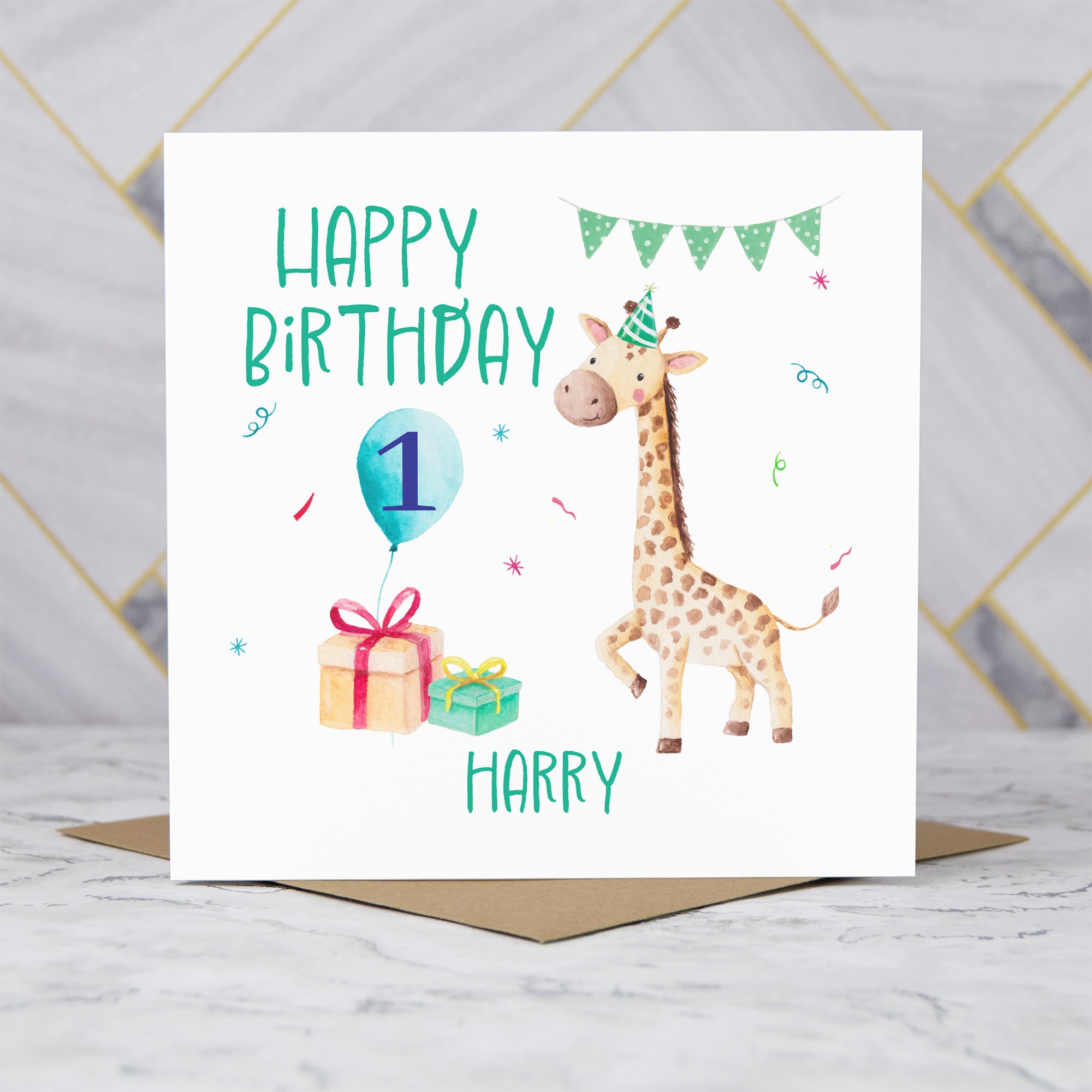 Personalised 1st Birthday Giraffe Card For Boys, Custom Name First Birthday Card, Cute Animal Card (P00018) - Default Title (P00018)