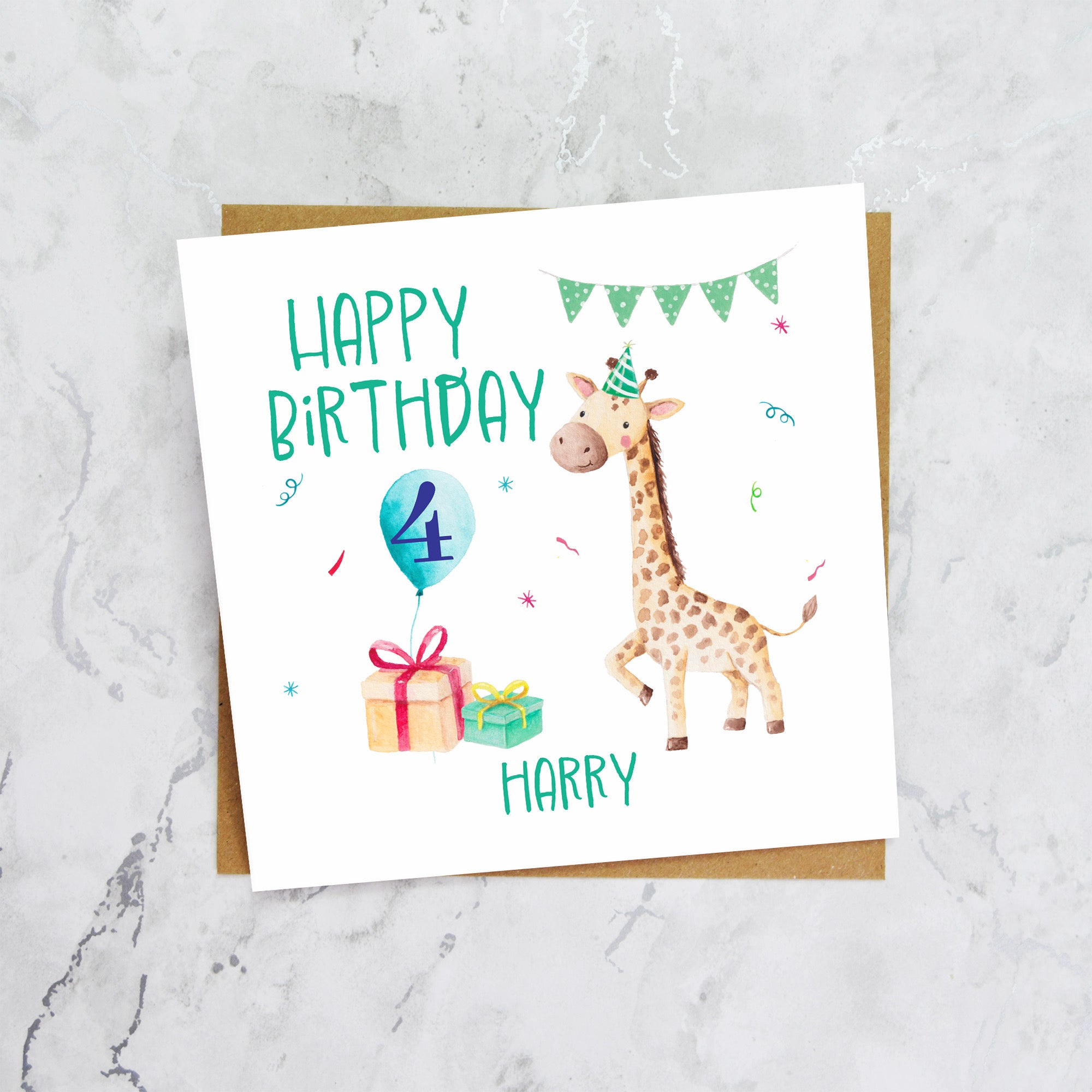Personalised 4th Birthday Giraffe Card For Boys, Custom Name Fourth Birthday Card, Cute Toddler Animal Card (P00021) - Default Title (P00021)