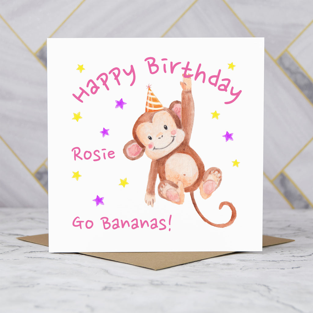 Personalised Monkey Birthday Card For Girl, Custom Name Happy Birthday Card (P00025) - Default Title (P00025)