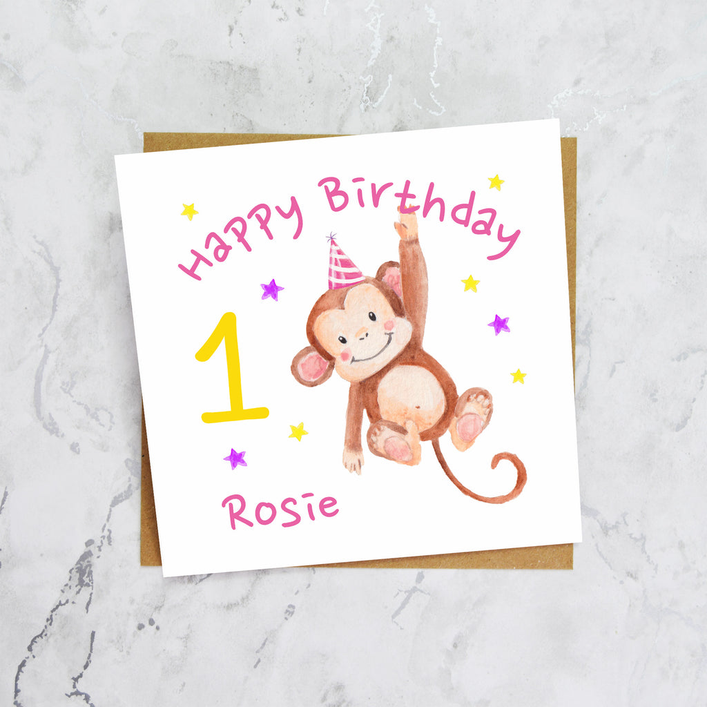 Personalised Monkey 1st Birthday Card For Girl, Custom Name Age 1 Happy Birthday Card (P00027) - Default Title (P00027)