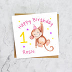 Personalised Monkey 1st Birthday Card For Girl, Custom Name Age 1 Happy Birthday Card (P00027) - Default Title (P00027)