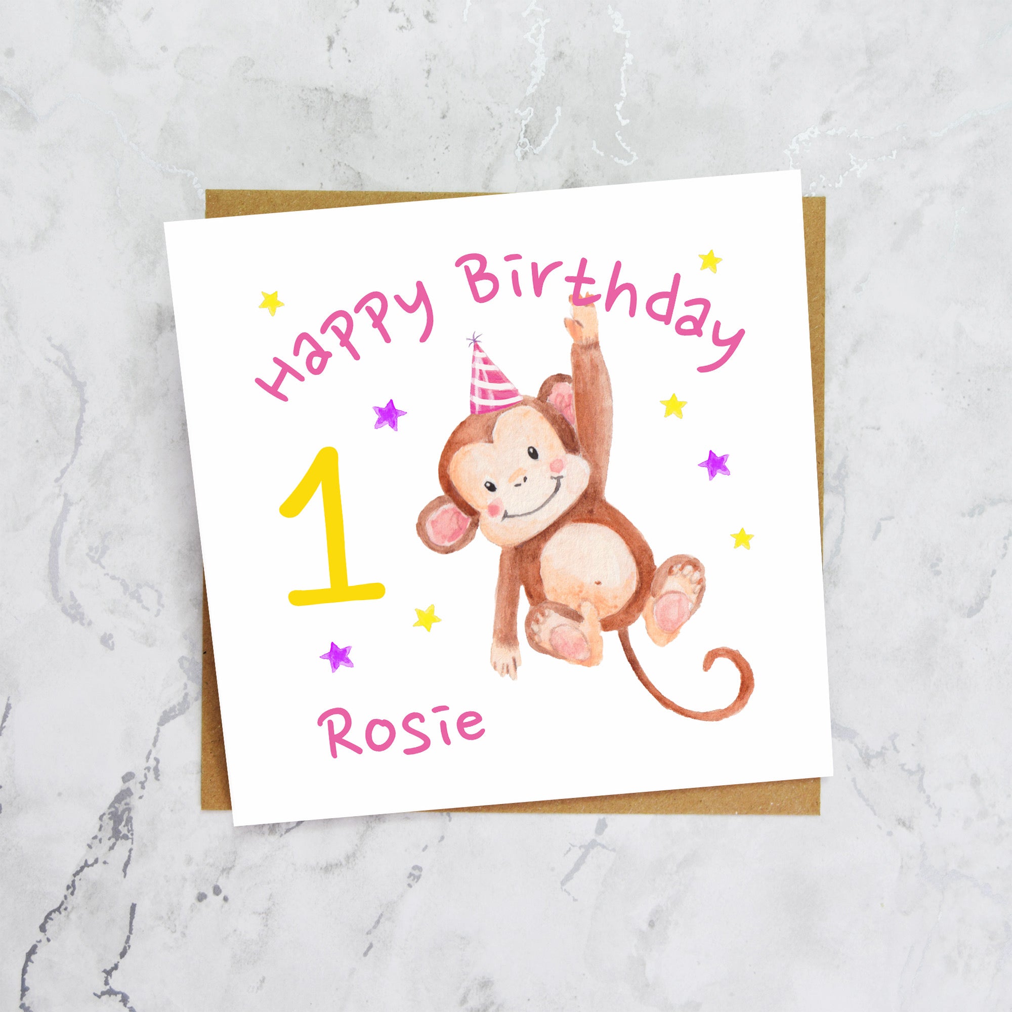 Personalised Monkey 1st Birthday Card For Girl, Custom Name Age 1 Happy Birthday Card (P00027) - Default Title (P00027)