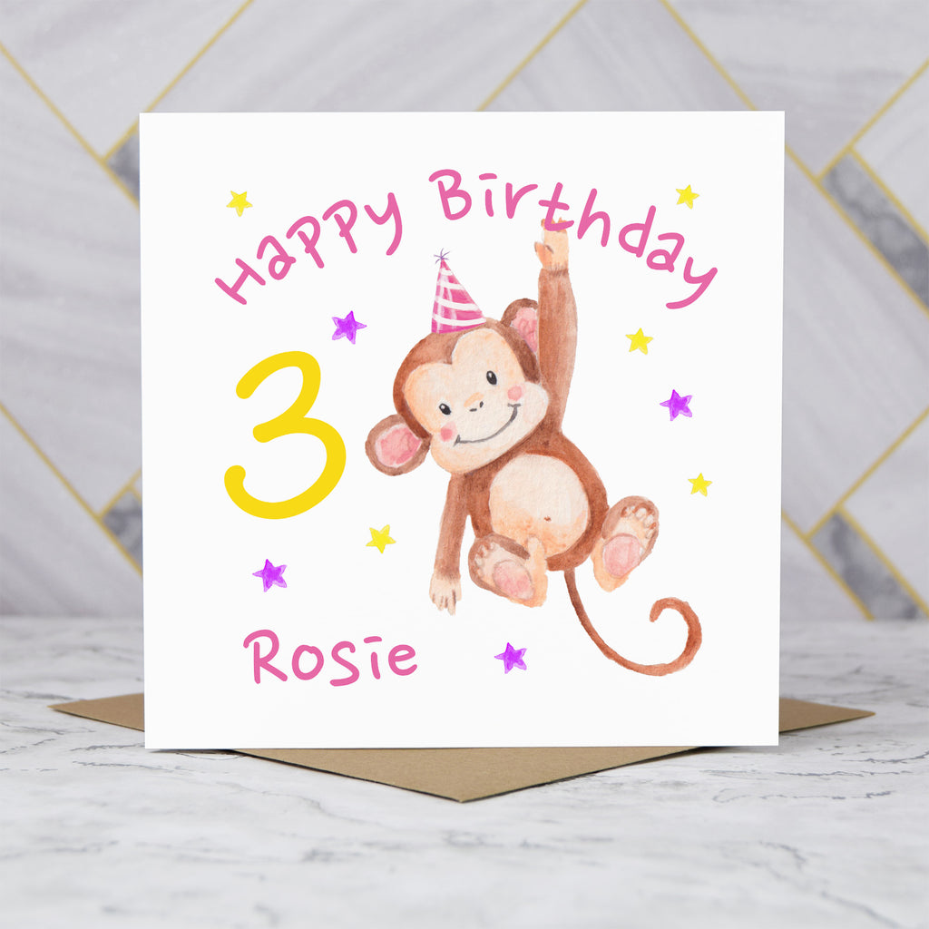 Personalised Monkey 3rd Birthday Card For Girl, Custom Name Age 3 Happy Birthday Card (P00029) - Default Title (P00029)
