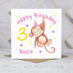 Personalised Monkey 3rd Birthday Card For Girl, Custom Name Age 3 Happy Birthday Card (P00029) - Default Title (P00029)
