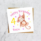 Personalised Monkey 4th Birthday Card For Girl, Custom Name Age 4 Happy Birthday Card (P00030) - Default Title (P00030)