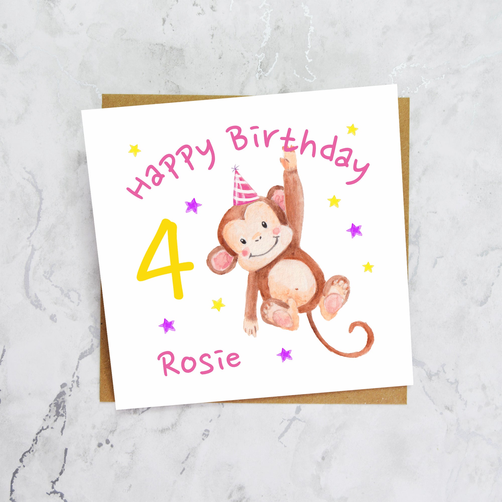 Personalised Monkey 4th Birthday Card For Girl, Custom Name Age 4 Happy Birthday Card (P00030) - Default Title (P00030)