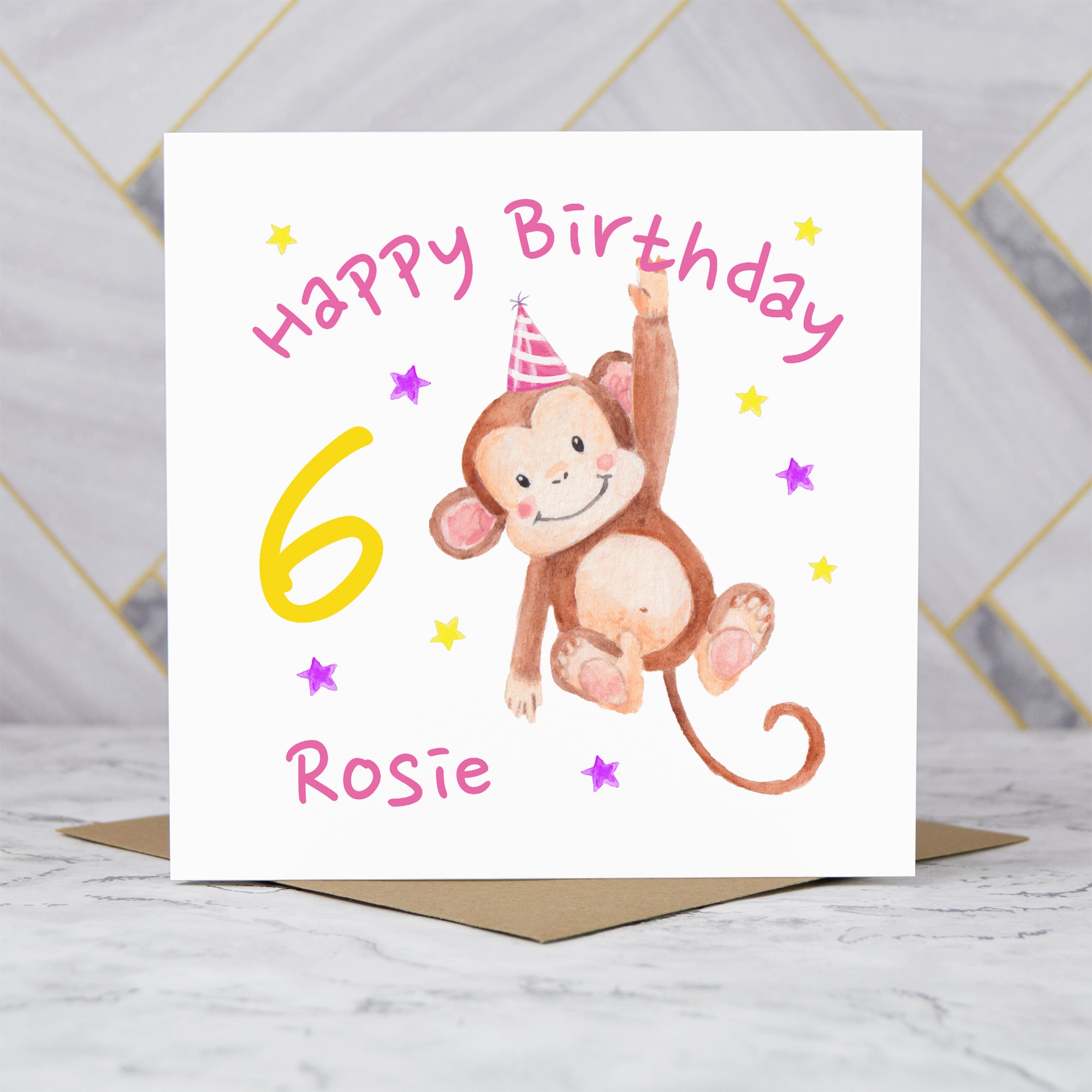 Personalised Monkey 6th Birthday Card For Girl, Custom Name Age 6 Happy Birthday Card (P00032) - Default Title (P00032)