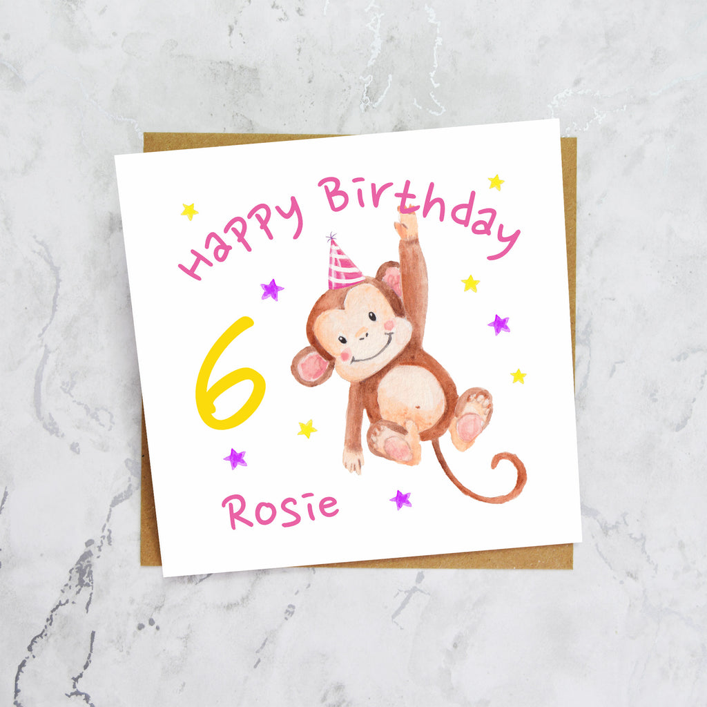 Personalised Monkey 6th Birthday Card For Girl, Custom Name Age 6 Happy Birthday Card (P00032) - Default Title (P00032)