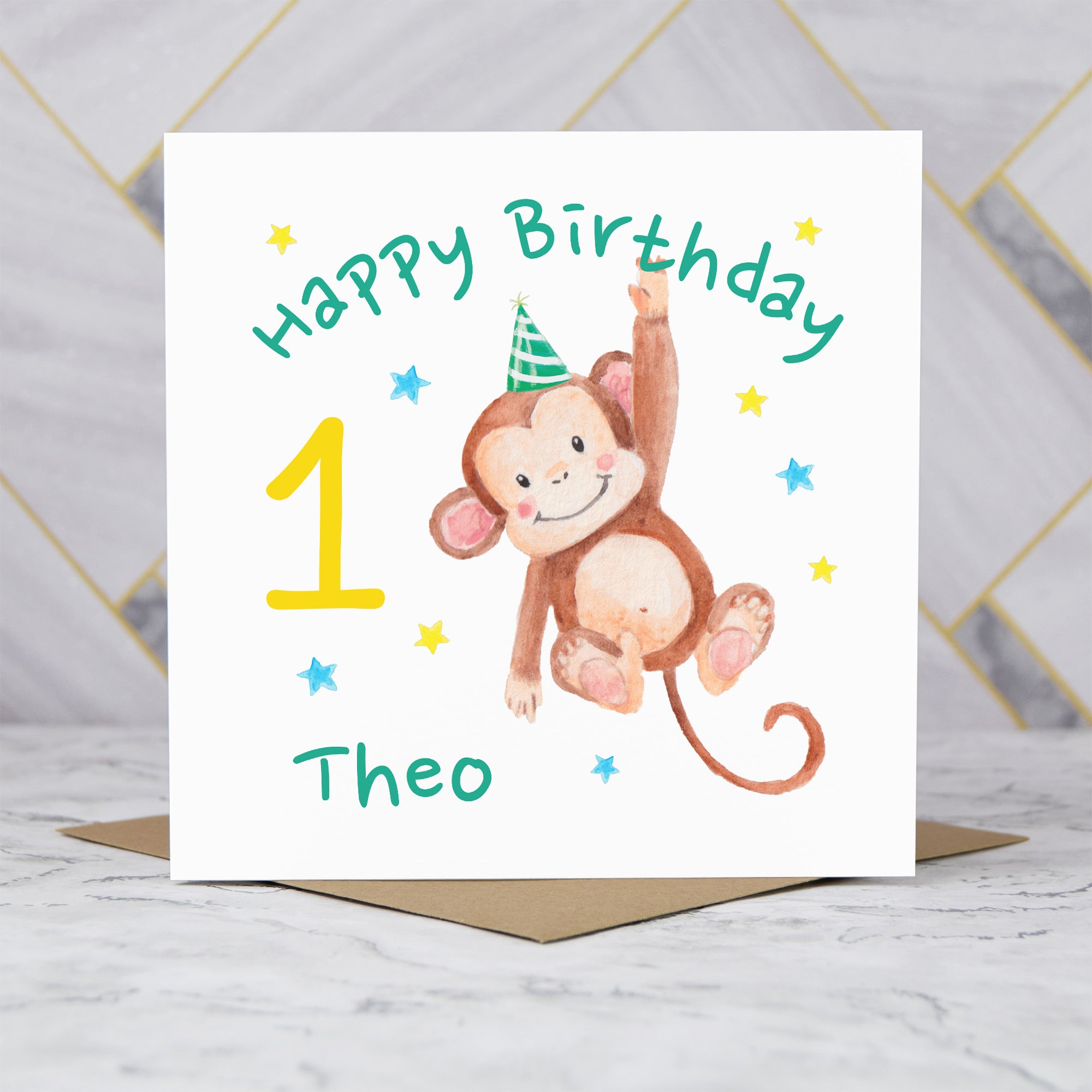 Personalised Monkey 1st Birthday Card For Boy, Custom Name Age 1 Happy Birthday Card (P00033) - Default Title (P00033)