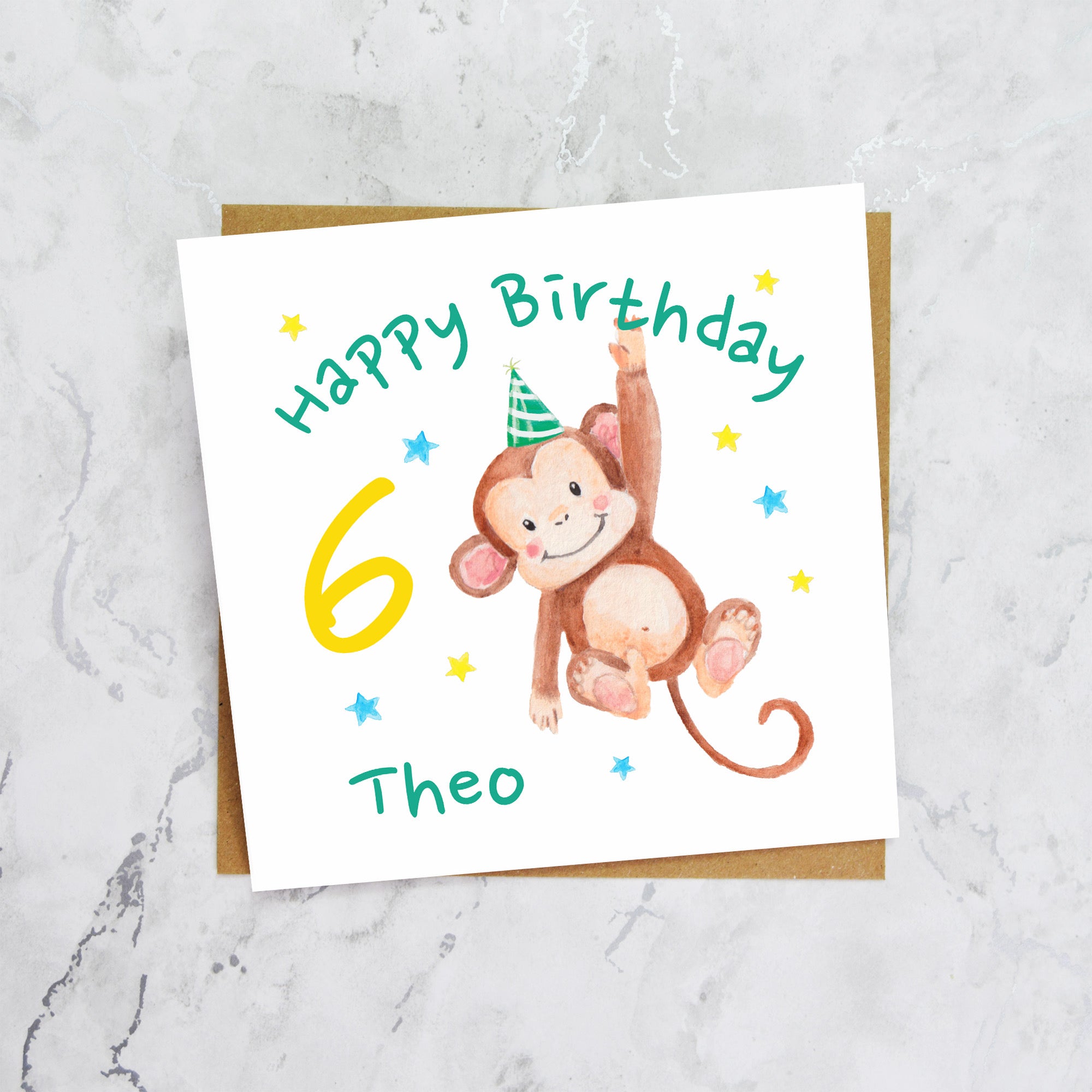Personalised Monkey 6th Birthday Card For Boy, Custom Name Age 6 Happy Birthday Card (P00038) - Default Title (P00038)