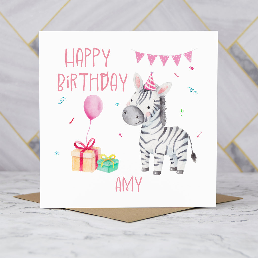 Personalised Zebra Birthday Card, Custom Name Watercolour Safari Animal Girls Birthday Card For Kids (P00039) - Default Title (P00039)