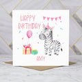 Personalised Zebra Birthday Card, Custom Name Watercolour Safari Animal Girls Birthday Card For Kids (P00039) - Default Title (P00039)