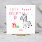 Personalised Zebra Birthday Card, Custom Name Watercolour Safari Animal Girls Birthday Card For Kids (P00039) - Default Title (P00039)