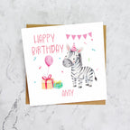 Personalised Zebra Birthday Card, Custom Name Watercolour Safari Animal Girls Birthday Card For Kids (P00039) - Default Title (P00039)