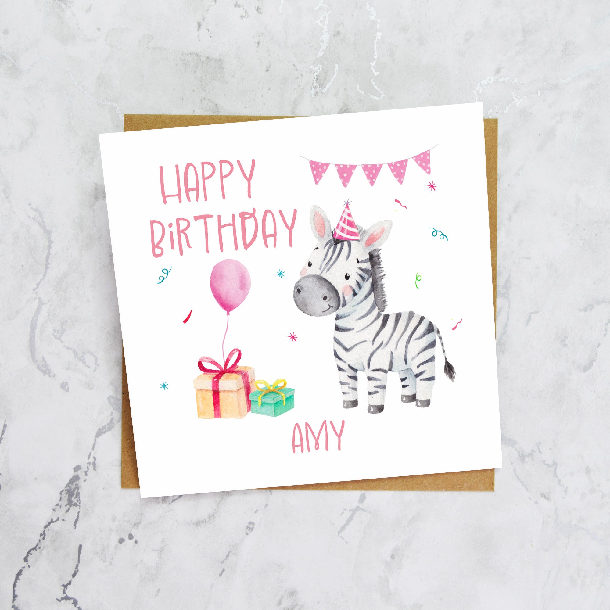 Personalised Zebra Birthday Card, Custom Name Watercolour Safari Animal Girls Birthday Card For Kids (P00039) - Default Title (P00039)