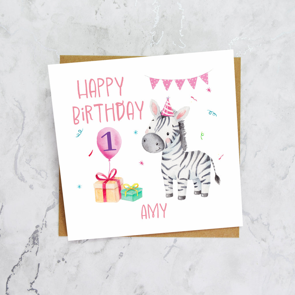 Personalised 1st Birthday Zebra Card, Custom Name Watercolour Safari Animal Girls First Birthday Card (P00040) - Default Title (P00040)
