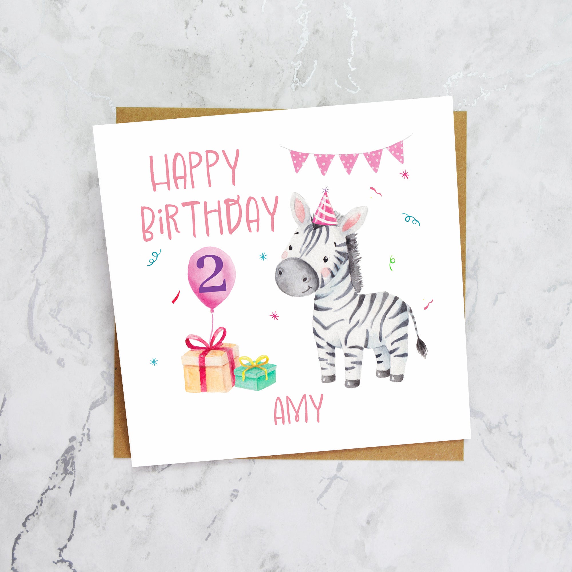 Personalised 2nd Birthday Zebra Card, Custom Name Watercolour Safari Animal Girls Second Birthday Card (P00041) - Default Title (P00041)