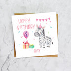 Personalised 4th Birthday Zebra Card, Custom Name Watercolour Safari Animal Girls Fourth Birthday Card (P00043) - Default Title (P00043)