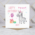 Personalised 5th Birthday Zebra Card, Custom Name Watercolour Safari Animal Girls Fifth Birthday Card (P00044) - Default Title (P00044)