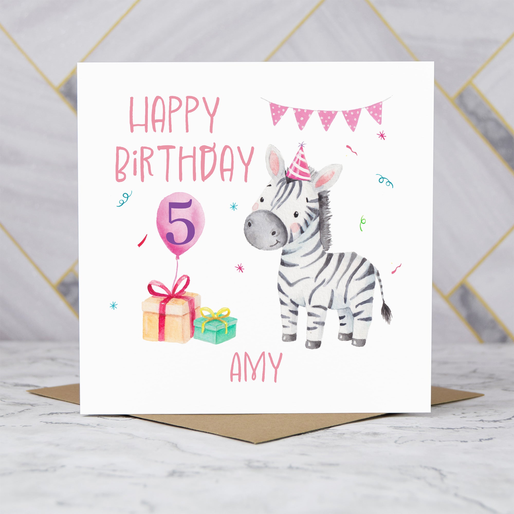 Personalised 5th Birthday Zebra Card, Custom Name Watercolour Safari Animal Girls Fifth Birthday Card (P00044) - Default Title (P00044)