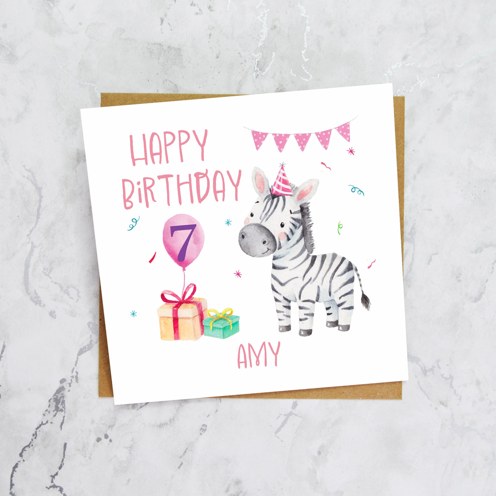 Personalised 7th Birthday Zebra Card, Custom Name Watercolour Safari Animal Girls Seventh Birthday Card (P00046) - Default Title (P00046)