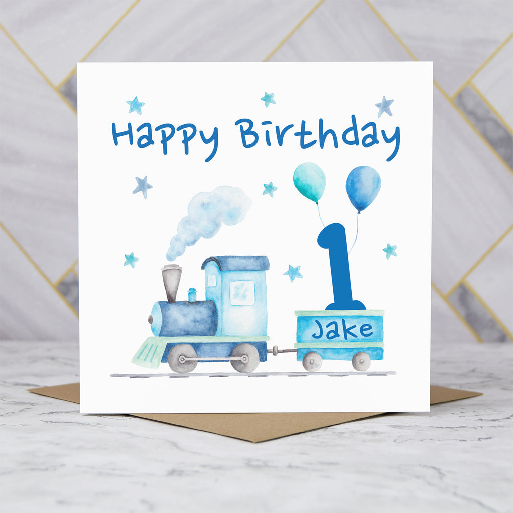 Personalised 1st Birthday Card For Boy, Custom Name Train Birthday Card, Steam Train First Birthday Card (P00063) - Default Title (P00063)