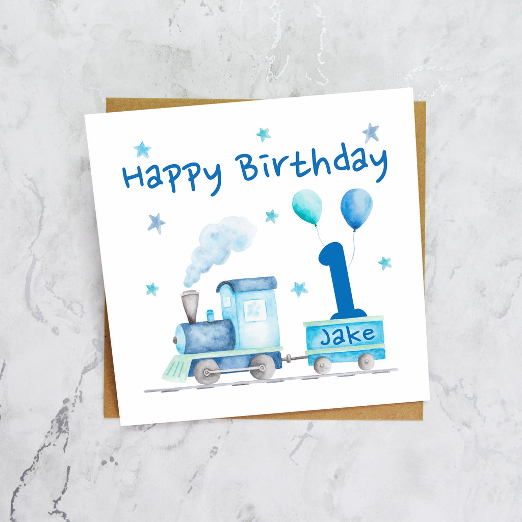 Personalised 1st Birthday Card For Boy, Custom Name Train Birthday Card, Steam Train First Birthday Card (P00063) - Default Title (P00063)