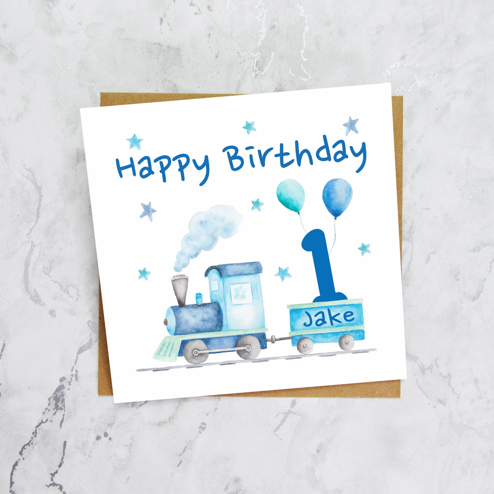 Personalised 1st Birthday Card For Boy, Custom Name Train Birthday Card, Steam Train First Birthday Card (P00063) - Default Title (P00063)