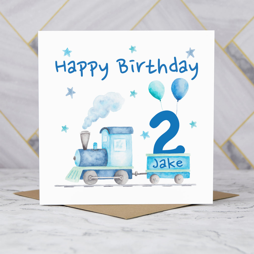 Personalised 2nd Birthday Card For Boy, Custom Name Train Birthday Card, Steam Train Second Birthday Card (P00064) - Default Title (P00064)