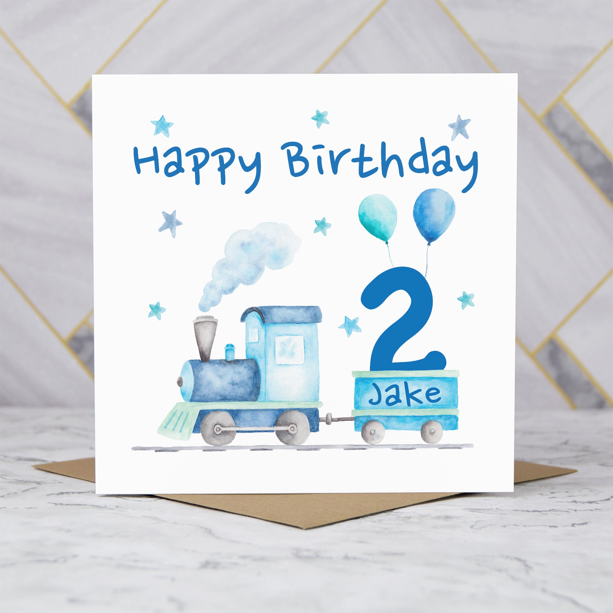 Personalised 2nd Birthday Card For Boy, Custom Name Train Birthday Card, Steam Train Second Birthday Card (P00064) - Default Title (P00064)