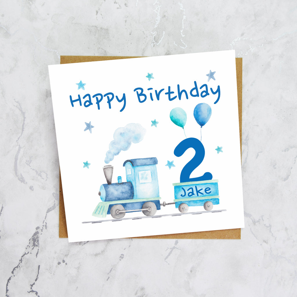 Personalised 2nd Birthday Card For Boy, Custom Name Train Birthday Card, Steam Train Second Birthday Card (P00064) - Default Title (P00064)