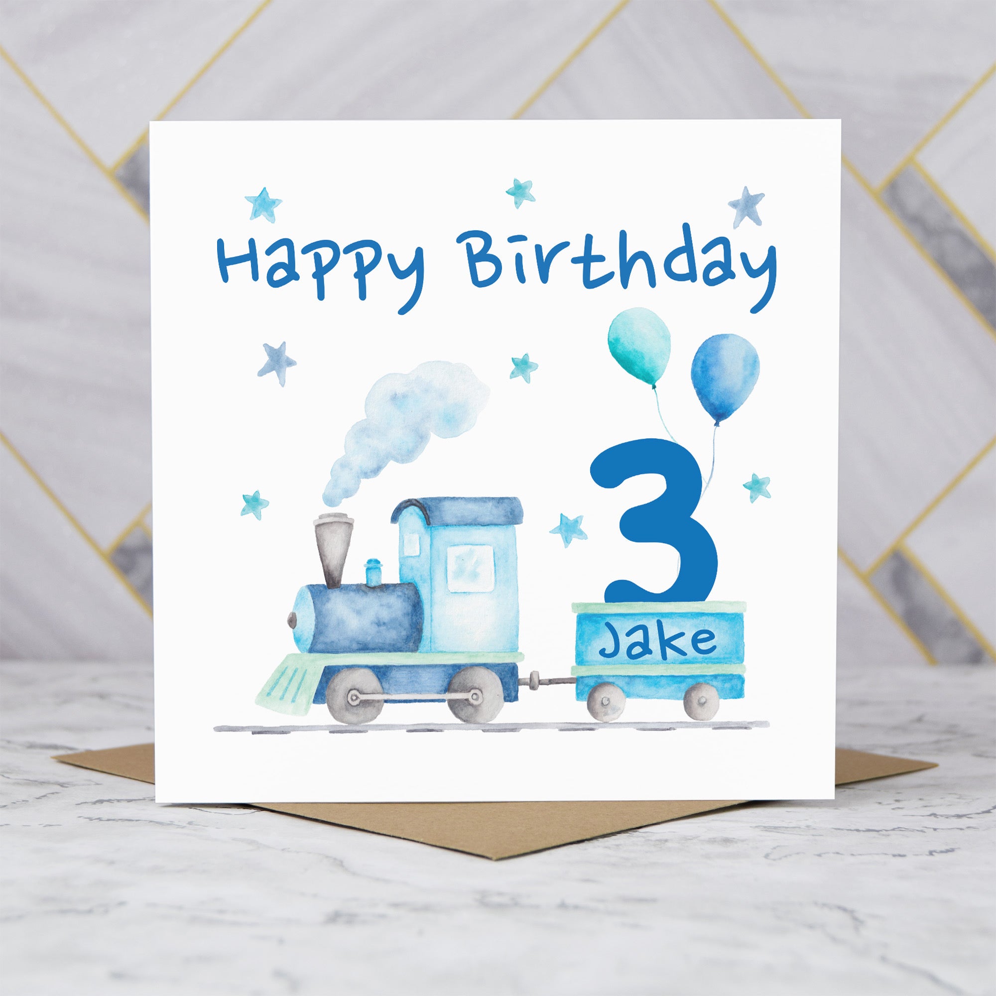 Personalised 3rd Birthday Card For Boy, Custom Name Train Birthday Card, Steam Train Third Birthday Card (P00065) - Default Title (P00065)