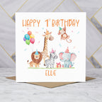 Personalised 1st Birthday Card For Girl Or Boy, Custom Name Safari Animal Birthday Card, Jungle Animals First Birthday (P00069) - Default Title (P00069)